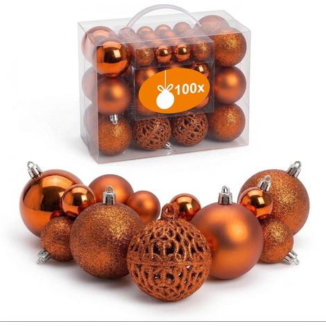 Kunststoff Christbaumkugel Set 100-teilig bruchsicher - kupfer - Design Weihnachtskugeln inklusive Metall Haken