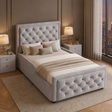 Cama infantil tapizada, para colchón de 90x200 cm, con almacenaje hidráulico y somier, terciopelo gris (1/5)