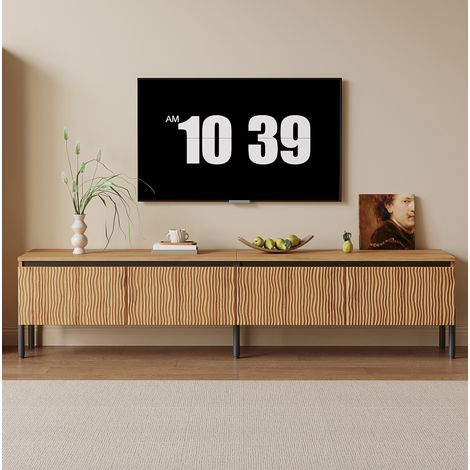 TV Lowboard 180x35x43 cm mit vier Wellentüren, zwei Kabelauslässen, Metallfüßen, MDF und Spanplatte, Natur (1/5)