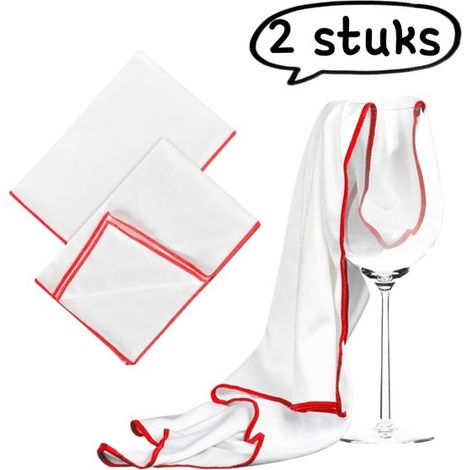 Paño de limpieza de 2 piezas, Paño para copas de vino, cristalería y lentes de cámara, 60 x 45 cm, Paño blanco con borde rojo (1/5)