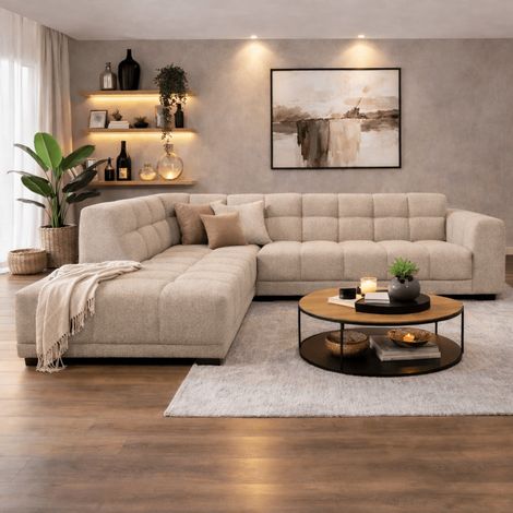 Ecksofa mit Lounge in beige Bouclé-Stoff Nova - links (1/4)