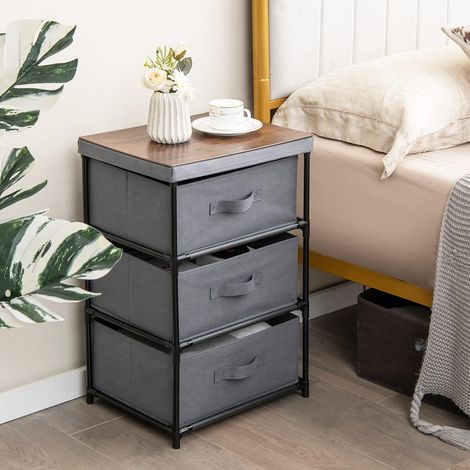 COSTWAY Cómoda de 3 Niveles de Tela, Mesilla de Noche de Tela con 3 Cajones, Unidad de Organización para con Estructura Metálica, Cómodas de Cajones para Dormitorio Pasillo y Entrada (Gris) (1/5)