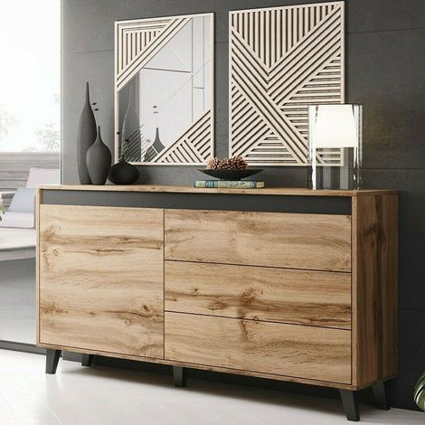 Bb-Loisir – Commode de rangement chêne wotan 138x83x38cm – Meuble élégant sur pieds anthracite – Panneau stratifié mat 16mm (1/3)