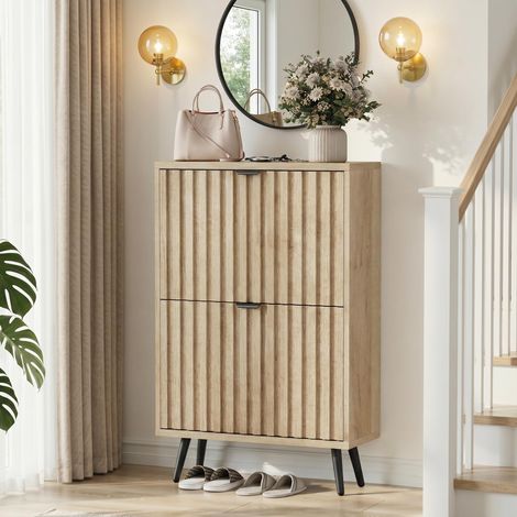 Meuble à Chaussures Bois 60 cm Finition Naturel avec 2 Abattants - Façade au Design Cannelé, Style Mid-Century pour Entrée - Naturel (1/5)
