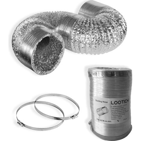 Tuyau d'Evacuation Flexible en Aluminium Gaine de Ventialtion Ø 79mm Longueur 2,5m Kit de Raccord pour Salle de bain Cuisine Sèche-linge avec 2 Colliers de Serrage en Acier (1/5)