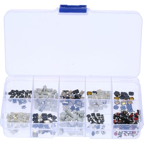 250 pièces boutons poussoirs tactiles micro momentanés 10 valeurs lot varié avec boîte plastique transparente pour télécommande voiture (1/4)