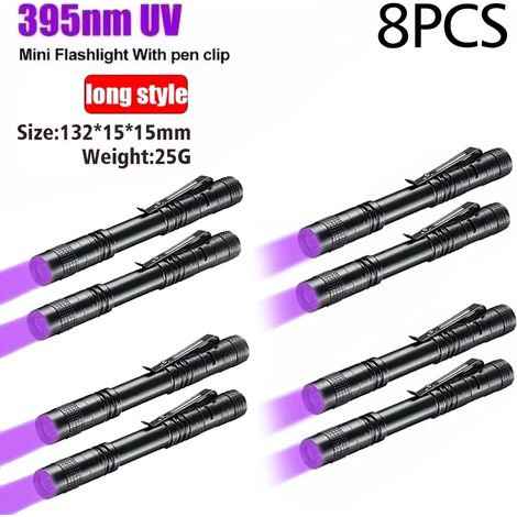 UV-Taschenlampe (395 nm) mit Stiftclip, batteriebetrieben (AAA), violettes Licht, Nachweis von Tier- und Skorpionurin, UV-Taschenlampe mit großer Reichweite – 8er-Pack (1/5)