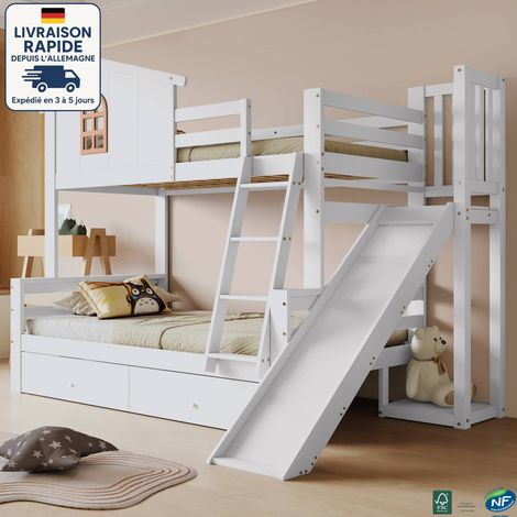 MODFU - Letto a castello in legno per bambini 90/120x200cm 2 persone, letto a soppalco, con scivolo e 2 cassetti, senza materasso, anticaduta, bianco (1/5)