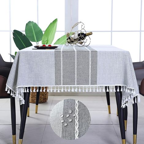 Nappe pour tables rectangulaires, imperméable, infroissable, à franges, en lin et coton lavable (1/5)