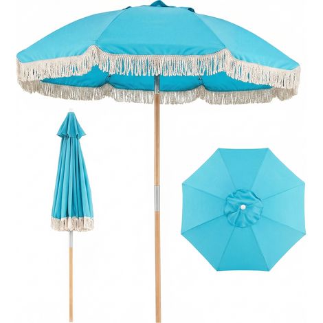 Parasol de Plage 180 cm, Parasol de Jardin Extérieur avec Franges,en Bois avec 8 Baleines Robustes, Inclinaison Réglable, Style Bohème, Bleu (1/5)