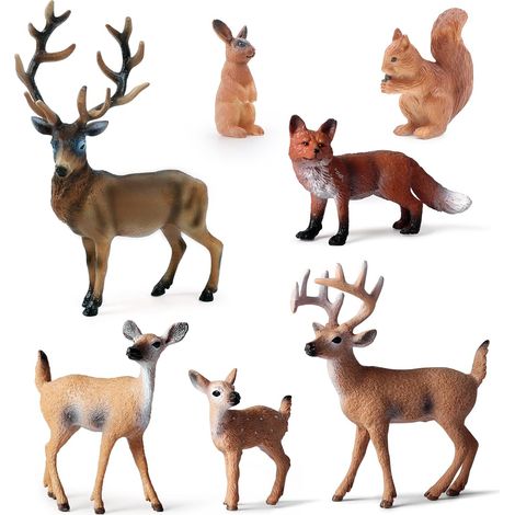 Lot de 7 figurines d'animaux de la forêt - Famille de cerfs, élan, renard, lapin, écureuil - Décoration de gâteau de Noël (1/5)