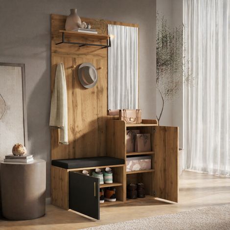 Mobile ingresso porta scarpe con specchio, panca e ganci 100 x 38 x 185 cm HAVRYA (1/5)