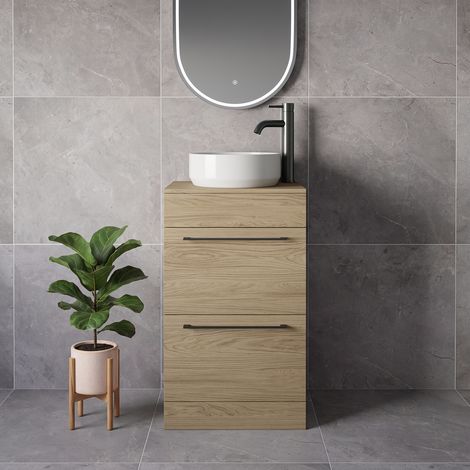 Napoli 390 Light Oak 500mm 2 Drawer Vanity Unit for Countertop Basins - 500mm - Gunmetal Grey 320mm Handle
