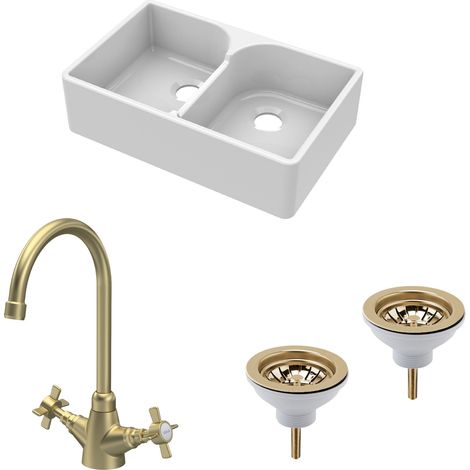 Fireclay Kitchen Bundle -  2 Bowl Stepped Weir Butler Sink, Wastes & Mono Crosshead Tap, 795mm - Brushed Brass (1/5)