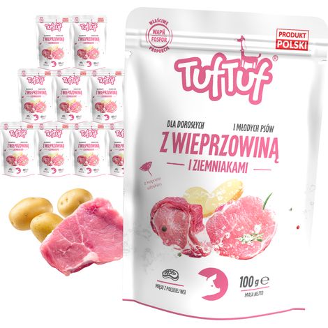 Comida h煤meda para perros TufTuf sabor cerdo y patata, 10 bolsas de 100 g