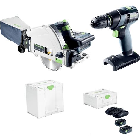 Festool – Pack combo sans fil 18V – Scie plongeante TSC 55 K avec KickbackStop – Perceuse-visseuse TXS 18 avec batterie 5Ah – Systainers inclus