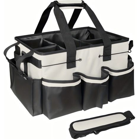 Sac de rangement de jardinage en toile (40 x 23,5 x 27,5 cm, avec poignée) — Grande capacité de rangement pour outils — Coloris noir et blanc (1/5)