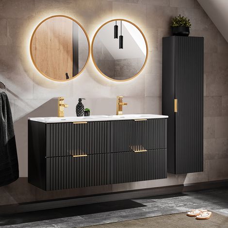 Doppelwaschtisch 120cm LED Spiegel und Säule Adriel Schwarz