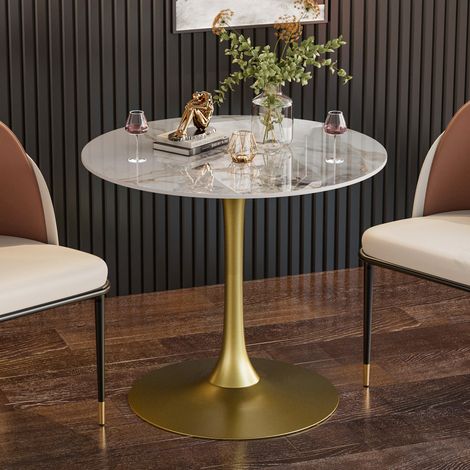Round Dining Table Marble Modern Tulip Table Slate Tabletop with Golden Pedestal Base, Bistro Kitchen Dining Room, Jade White (1/5)