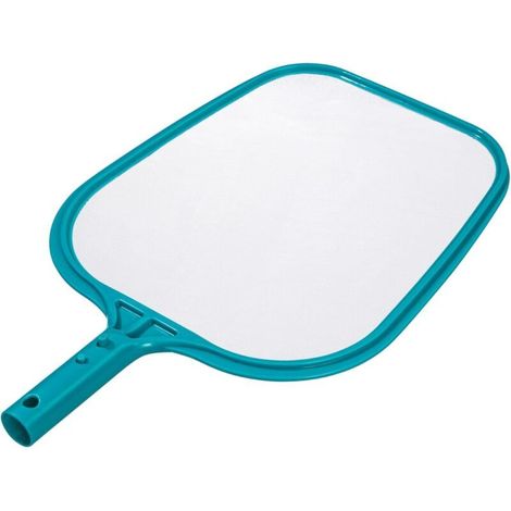 Râteau de nettoyage de surface pour piscine, avec cadre en plastique bleu - turquoise durable, filet transparent fin pour une récupération efficace des débris, et système d'attache pour manche univers (1/4)