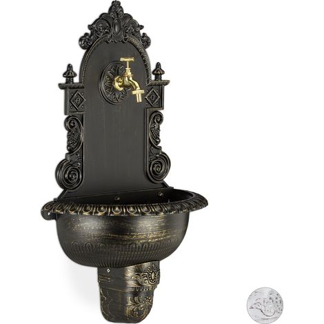 Relaxdays XL fontana da parete in stile antico con rubinetto, lavabo da giardino in alluminio, HxLxP 75x44x22 cm, nera (1/7)