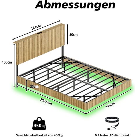 Lit suspendu design cannelé, tête lit LED intégrée, cadre fer plat renforcé, 140x200 gris clair, chambre moderne, ambiance épurée et élégante (1/5)