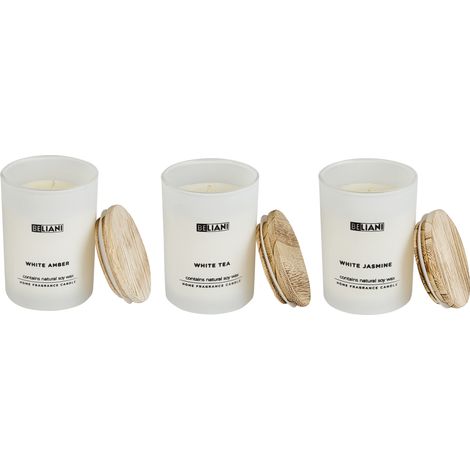 Conjunto de 3 velas aromáticas 100% cera de soja mecha de algodón vidrio blanco fragancia ámbar blanco/té blanco/jazmín blanco vidrio clásico SIMPLICITY (1/5)