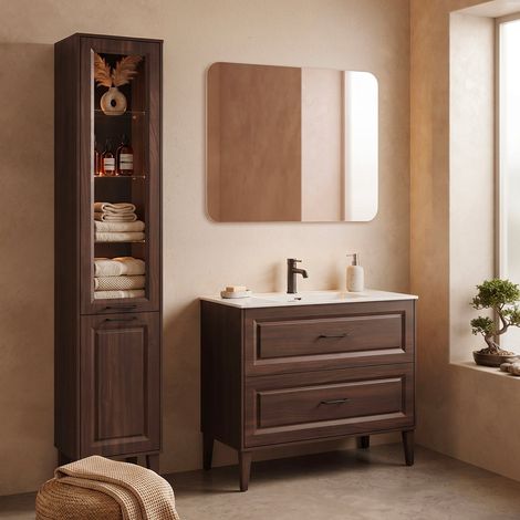 Ensemble meuble simple vasque encastrée 100cm et colonne Moka Bois foncé (1/5)