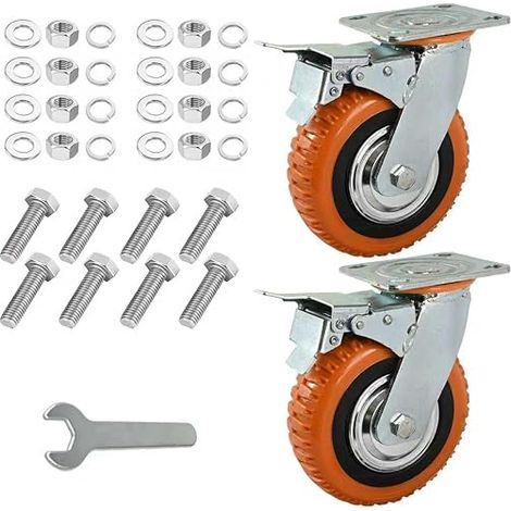 Lot de 2 roulettes pivotantes avec frein - 200 mm - Avec frein - Pivotantes à 360° - En caoutchouc plein - Charge maximale : 1000 kg (1/5)
