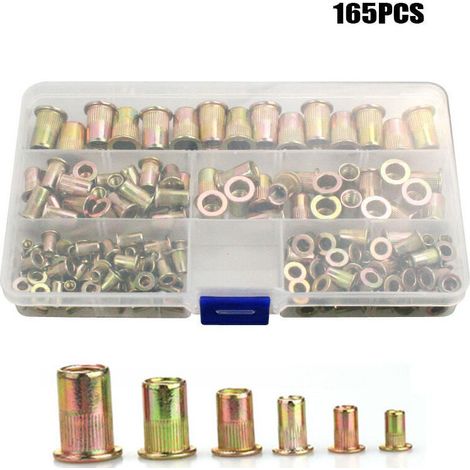 Nietmuttern, Gewindeeinsätze, verzinkte Muttern aus Kohlenstoffstahl in Kunststoffbox, Größen M3, M4, M5, M6, M8, M10, M12, 166 Stück