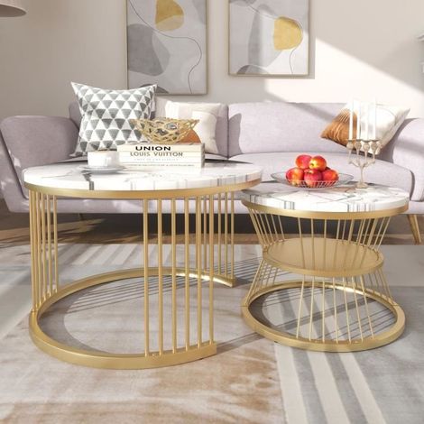 Moderne Beistelltische aus Marmor-Optik - TIMPFEE - Set aus 2 - Rahmen in Gold, Weiß
