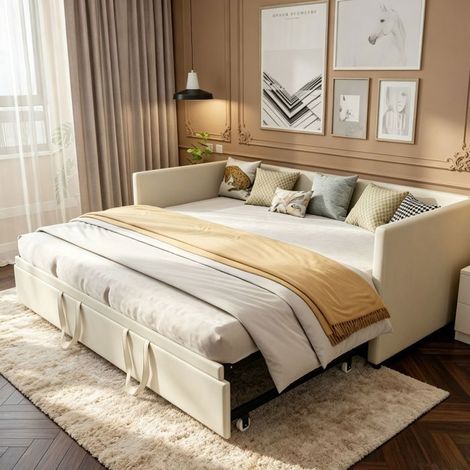 Canapé-lit gigogne convertible 90/180x200, Lit extensible 2 places avec 2 couchages séparés pour salon et chambre, velours beige (1/5)