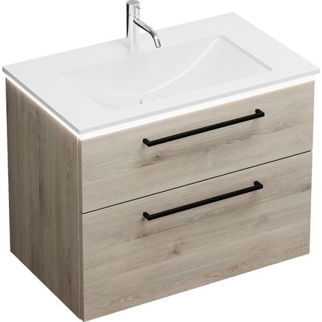 Vasque en fonte minérale Burg Eqio + meuble sous-vasque en chêne, décor flanelle/blanc alpin GR0234