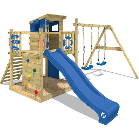 Wickey – Aire de jeu en bois avec cabane, balançoire et toboggan 220 cm – Bois massif imprégné – 10 ans de garantie – Pour jeux extérieurs