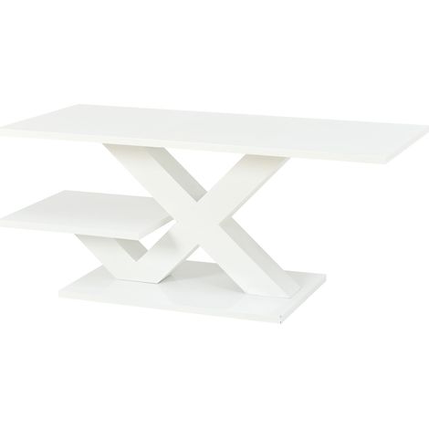 Table basse rectangulaire blanche brillante en MDF avec double plateau et pieds géométriques en X 100x48x45 cm (1/5)