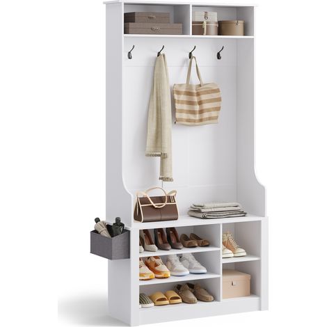 Mobile da Ingresso Bealife 90 x 30 x 183 cm con Sgabello Porta Scarpe 4 Ganci Vano a Giorno contenere 9 Paia di Scarpe Bianco
