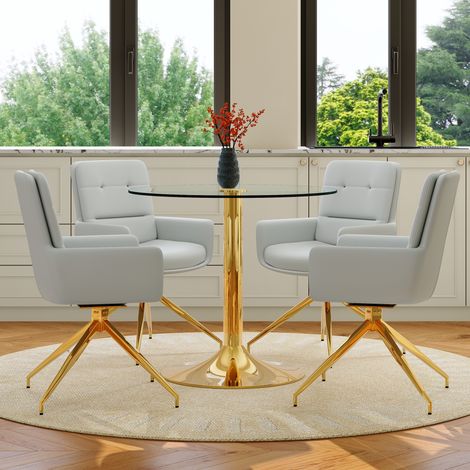 CAIziEnsemble table et chaises: table ronde en verre légèrement luxueuse de 85 cm de diamètre avec structure de support métallique, assortie à 4 chaises de salle à manger en PU gris clair pivotantes à