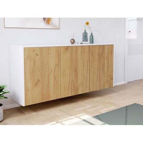 Design Sideboard Kommode Genesis B hängend 150cm 3 Türen Weiß Hgl Eiche (1/5)