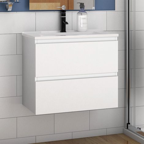 Modern Bathroom Wall Hung Vanity Unit with Sink 1 Tap Hole,2 Drawers Soft Closing Bathroom Furniture - 600mm Matte White Ceramic Basin(Thin)