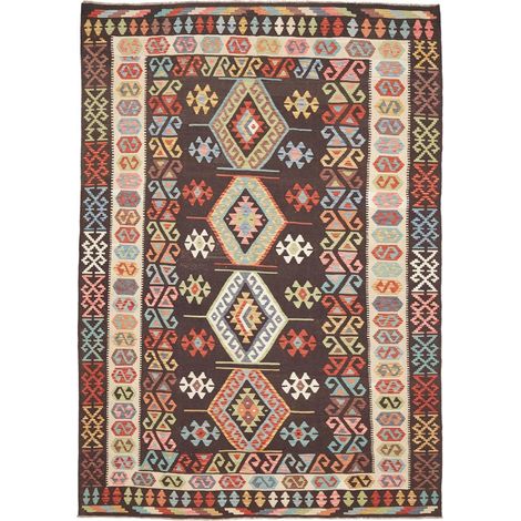 Tapis kilim 206 x 293 cm, motif ethnique, noir, beige, multicolore, laine naturelle, tissé plat authentique (1/5)