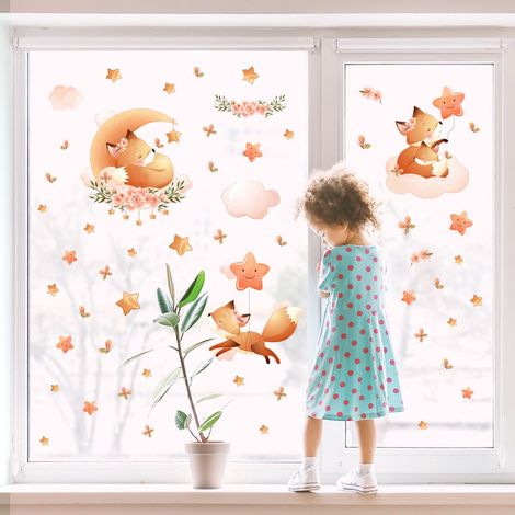 Autocollants Fenêtre - 3 Décoratifs Renard sur Nuages Stickers Anti-Collision Oiseaux, Film Statique pour Vitres, Lot de 3 (1/5)