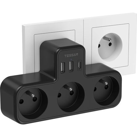 Multiprise Murale Française 3 Sortie AC et 2 USB C, 4000W, Noir Prise Multiple avec 3 AC et 3 Ports USB, Adaptateur Secteur,Convient pour la Maison, Bureau, Compatible avec Phone, Portable (1/5)