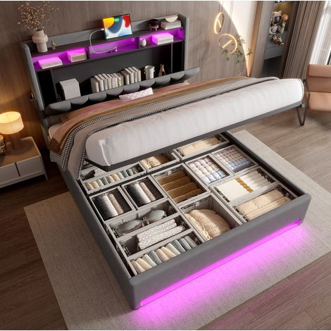 Lit coffre 140x200 en velours gris avec LED HAVRYA (1/5)