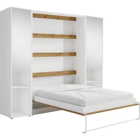 Letto a scomparsa verticale 160 x 200 cm 2 colonne contenitore Con specchi e LED Bianco e naturale - RAPILI