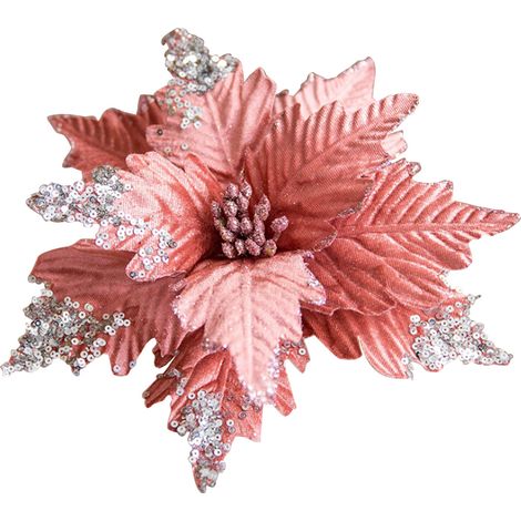 GARRYFIZH Fleur de Noël artificielle en velours pailleté de 25 cm, faite main, or, argent, gris, rose, blanc, décoration pour sapin de Noël - rose chair