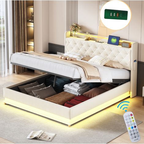 CHICFURN Cama con canapé 160x200 cm beige LED con USB, tapizado de lino y somier metálico (1/5)