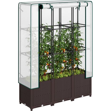 Outsunny Raised Garden Bed with Trellis, Plastic Planter Box with PE Cover, Drainage Holes, Drain Plugs and Water Reservoirs for Climbing Plants, Vegetables, Flowers, 120 x 40 x 140 cm (1/5)