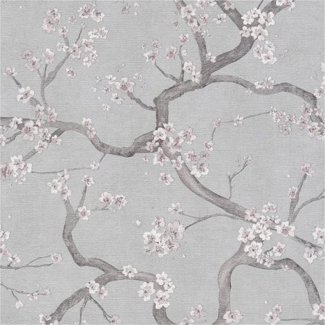 Flowers wallcovering wall Profhome 781993 hot embossed non-woven wallpaper textured with floral ornaments and metallic highlights grey silver white pastel violet 5,33 m2 (1/5)