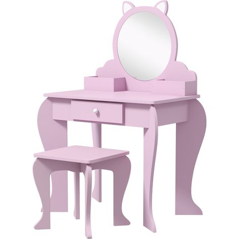 Kids Vanity Table  Mirror, Stool, Drawer, Storage Boxes, Cat Design, for Ages 3-6 Years - Pink (1/5)