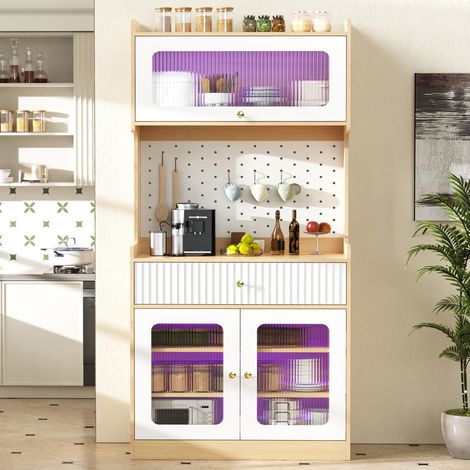 Aparador alto 80x40x180 cm MDF natural/blanco, con almacenaje para cocina -FLORAGRACE (1/5)